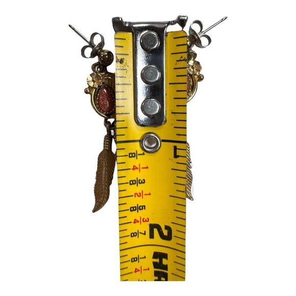 Vtg WMCO WHEELER SOUTHWESTERN Gold Tone Goldstone Feather Dangle EARRINGS Post - Picture 4 of 9